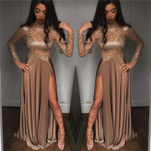 Bridelily High Neck Champagne Gold Sexy Evening Dress Splits Long Sleeve Illusion Prom Dress 2019 FB0061 - Prom Dresses