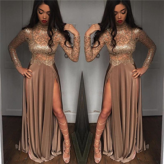 Bridelily High Neck Champagne Gold Sexy Evening Dress Splits Long Sleeve Illusion Prom Dress 2019 FB0061 - Prom Dresses