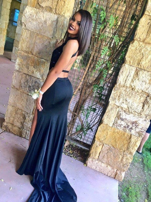 Bridelily High Neck Mermaid Black Cutaway-Sides Backless Side-Slit Sexy Prom Dresses - Prom Dresses