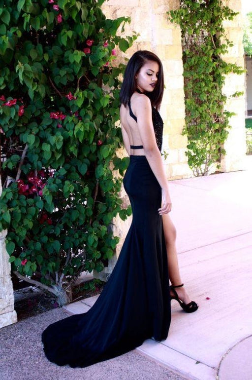 Bridelily High Neck Mermaid Black Cutaway-Sides Backless Side-Slit Sexy Prom Dresses - Prom Dresses