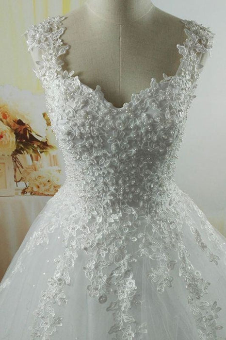 Bridelily Lace-up Appliques Tulle A-line Wedding Dress - wedding dresses