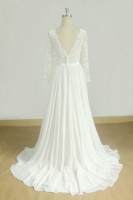 Bridelily Long Sleeve A-line Lace Chiffon Wedding Dress - wedding dresses
