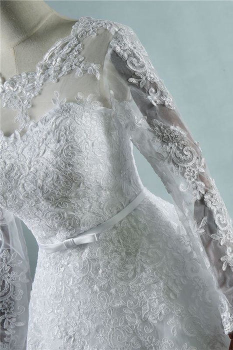Bridelily Long Sleeve Appliques Tulle A-line Wedding Dress - wedding dresses