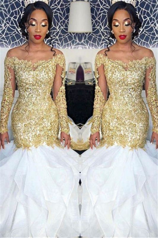 Bridelily Long Sleeve Gold Lace Appliques 2019 Prom Dress | Sexy Ruffles Mermaid Evening Gown Cheap FB0328 - Prom Dresses