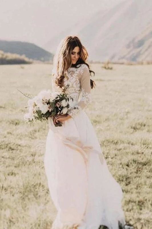 White Boho Lace Wedding Dress With Sleeves - Bridelily