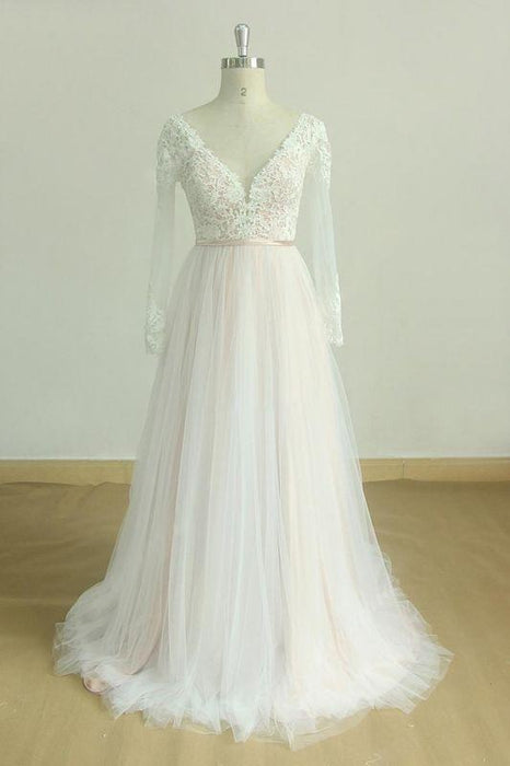 Bridelily Long Sleeve Lace Tulle A-line Wedding Dress - wedding dresses