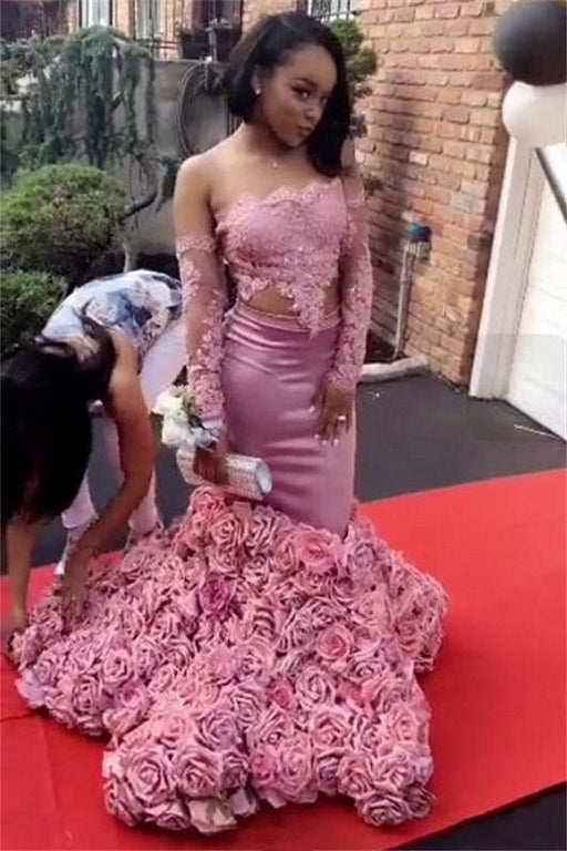 Bridelily Long Sleeve Pink Lace Prom Dresses 2019 | Roses Bottom Off The Shoulder Mermaid Evening Dress Sexy FB0315 - Prom Dresses