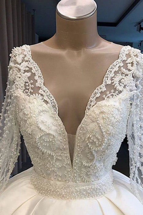 Bridelily Long Sleeve V-neck Ball Gown Satin Wedding Dress - wedding dresses
