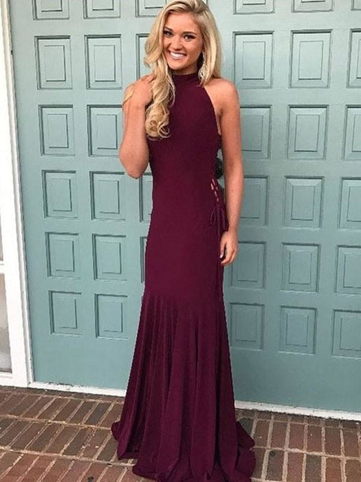 Bridelily Mermaid Halter Sleeveless Floor-Length Satin With Ruched Dresses - Prom Dresses