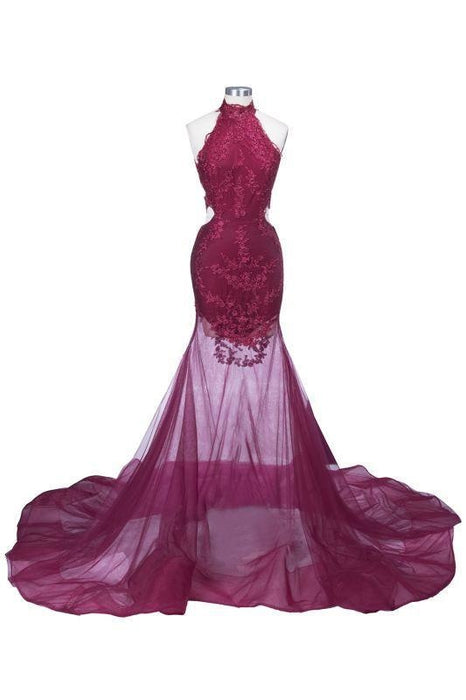 Bridelily Mermaid High-Neck Burgundy Sheer-Tulle Lace Appliques Prom Dresses - Prom Dresses