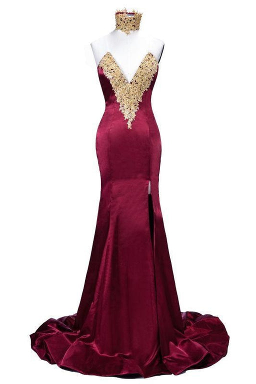 Bridelily Mermaid High Neck Front-Split Burgundy Lace Appliques Prom Dresses - Prom Dresses
