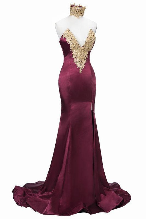 Bridelily Mermaid High Neck Front-Split Burgundy Lace Appliques Prom Dresses - Prom Dresses