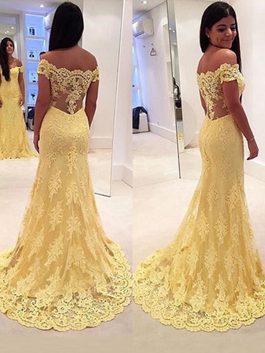 Bridelily Mermaid Lace Off-the-Shoulder Sweep/Brush Train Dresses - Prom Dresses