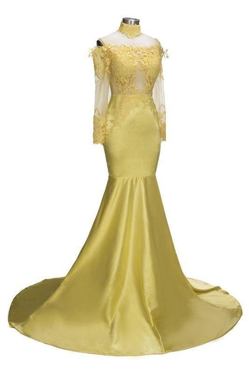 Bridelily Mermaid Off-shoulder Floor Length Long Sleeves Appliqued Prom Dresses - Prom Dresses