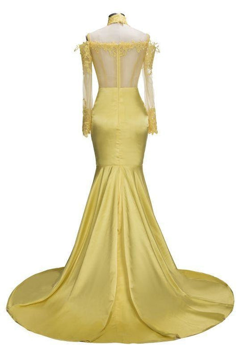 Bridelily Mermaid Off-shoulder Floor Length Long Sleeves Appliqued Prom Dresses - Prom Dresses