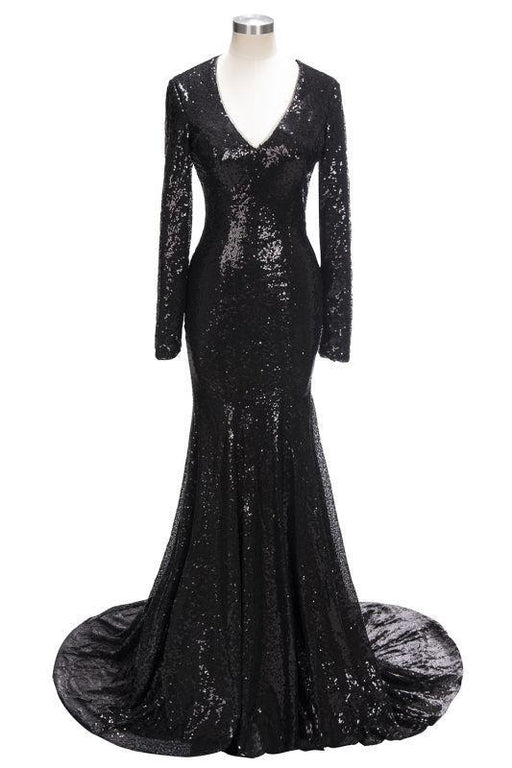 Bridelily Mermaid V-Neck Long Sleeves Black Sequins Prom Dresses - Prom Dresses