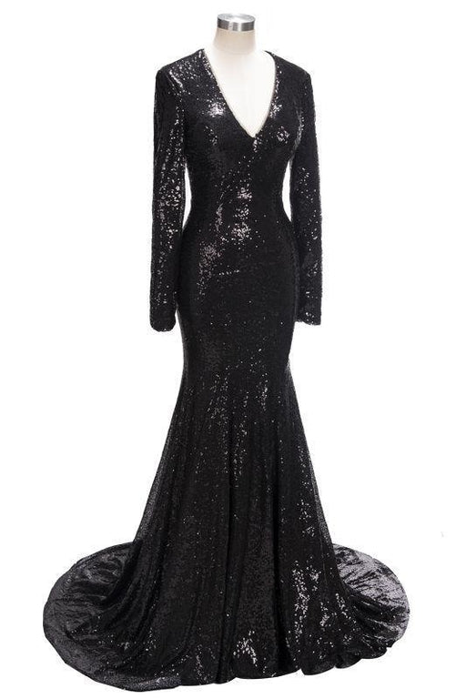 Bridelily Mermaid V-Neck Long Sleeves Black Sequins Prom Dresses - Prom Dresses