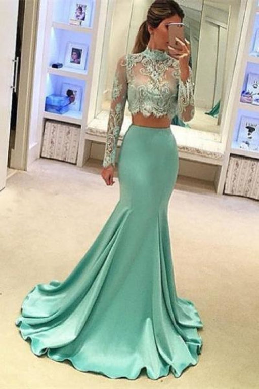 Bridelily Mint Long-Sleeves Two-Piece High-Neck Mermaid Long Prom Dresses - Prom Dresses