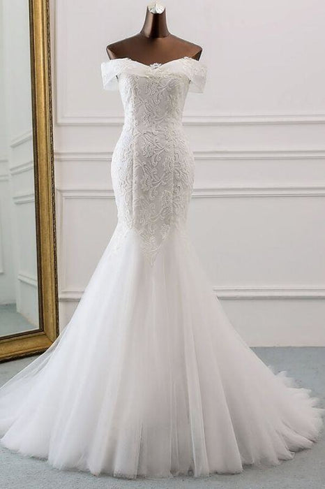 Bridelily Off Shoulder Appliques Tulle Mermaid Wedding Dress - wedding dresses