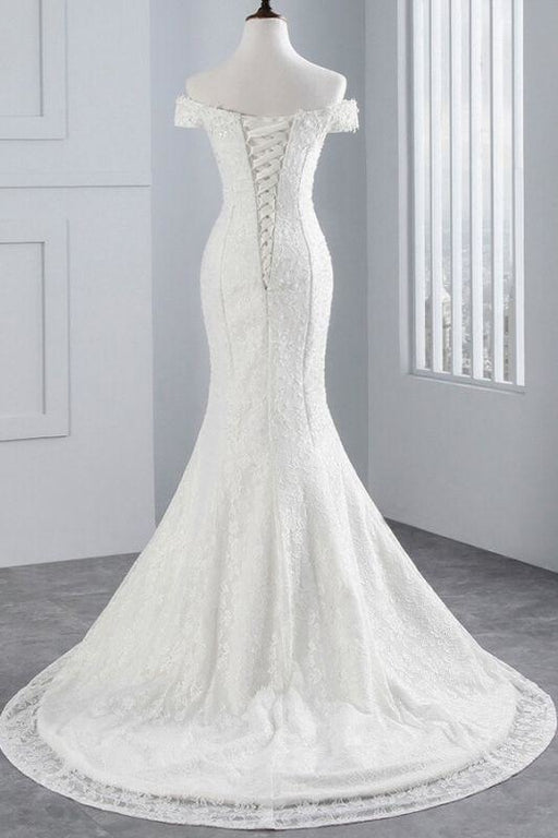 Bridelily Off Shoulder Lace-up Mermaid Lace Wedding Dress - wedding dresses