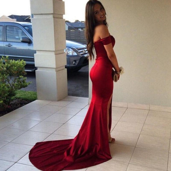 Bridelily Off the Shoulder 2019 Prom Dresses Mermaid Sexy Front Split Evening Gowns CE0053 - Prom Dresses