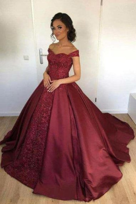 Bridelily Off-the-Shoulder Burgundy Lace Appliques Ball-Gown Evening Dress - Prom Dresses