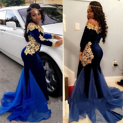 Bridelily Off The Shoulder Gold Lace Prom Dress | 2019 Royal Blue Velvet Sexy Evening Gown FB0321 - Prom Dresses