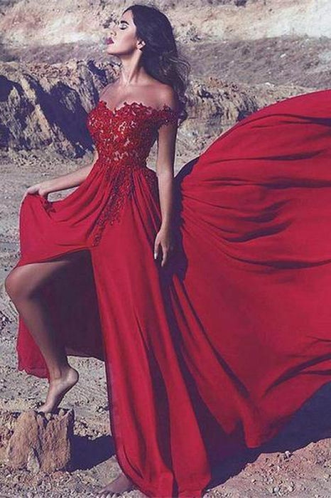 Bridelily Off-the-Shoulder Red Lace Appliques Long Split Prom Dress - Prom Dresses