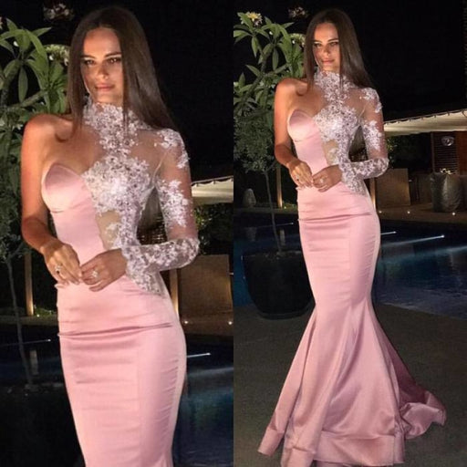 Bridelily One-Shoulder Gorgeous High-Neck Mermaid Lace Evening Dress - Prom Dresses