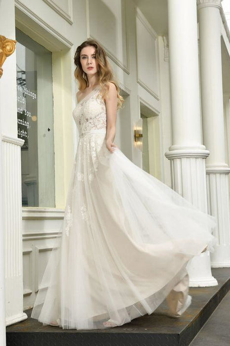 Bridelily One Shoulder Tulle Lace A-Line Wedding Dress - wedding dresses