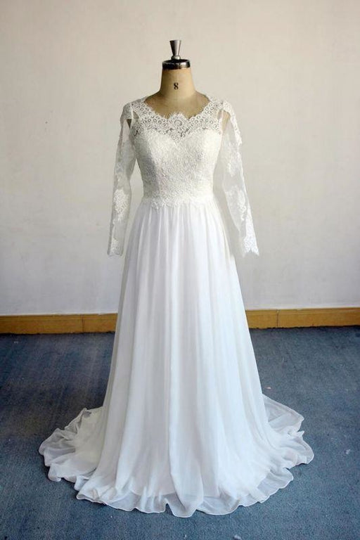 Bridelily Open Back Long Sleeve Lace Chiffon Wedding Dress - wedding dresses