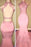 Bridelily Pink High-Neck Mermaid Open-Back Long Prom Dresses - Prom Dresses