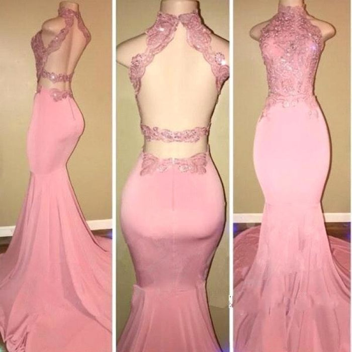 Bridelily Pink High-Neck Mermaid Open-Back Long Prom Dresses - Prom Dresses