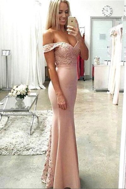 Bridelily Pink Lace-Top Off-the-Shoulder Long Mermaid Prom Dresses - Prom Dresses