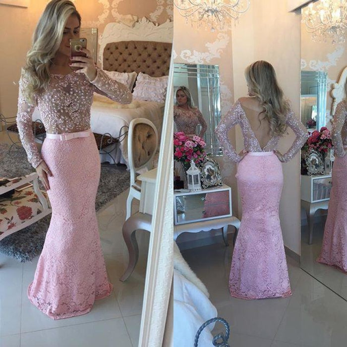 Bridelily Pink Off-the-Shoulder Long-Sleeves Pearls Lace Mermaid Long Prom Dresses - Prom Dresses