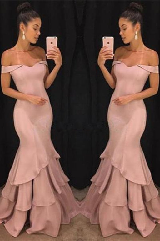 Bridelily Pink Off-the-Shoulder Mermaid Prom Dresses 2019 Tiered Simple Evening Gowns SK0118-GA0 - Prom Dresses