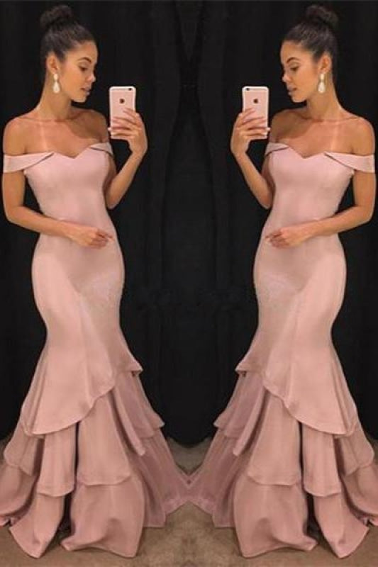 Bridelily Pink Off-the-Shoulder Mermaid Prom Dresses 2019 Tiered Simple Evening Gowns SK0118-GA0 - Prom Dresses