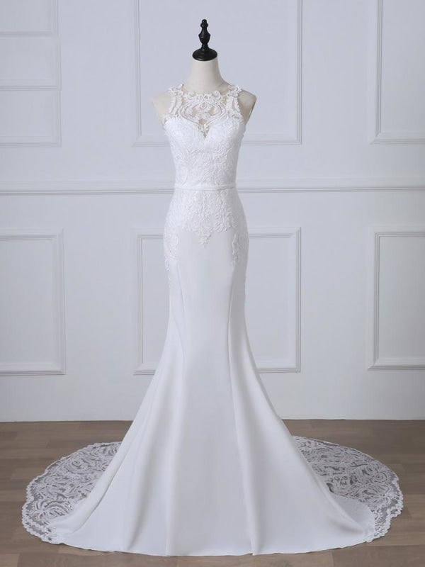 Bridelily Precious Spaghetti Strap Lace Mermaid Wedding Dress - White - wedding dresses