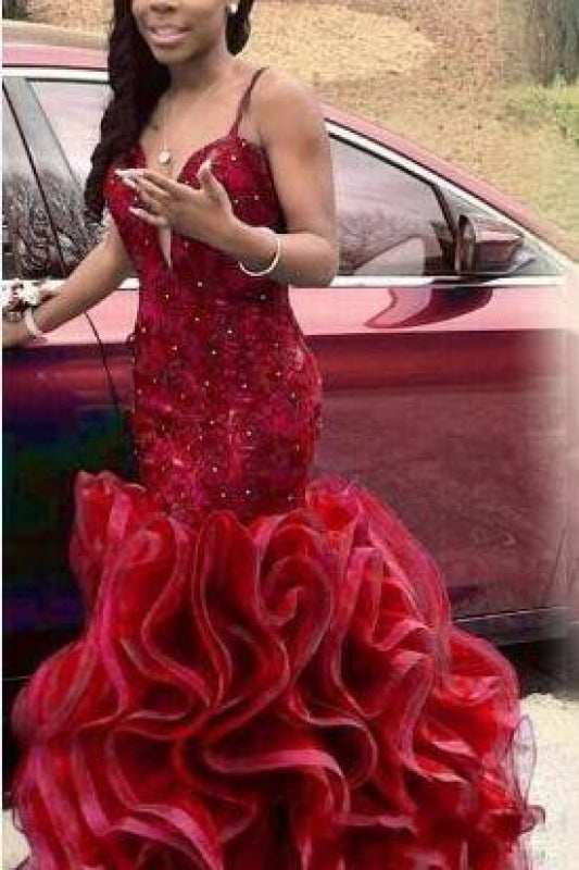 Bridelily Red Beading Spaghettis-Straps Mermaid Open-Back Prom Dresses - Prom Dresses