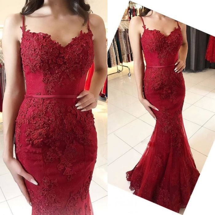 Bridelily Red Lace Appliques Prom Dress | 2020 Mermaid Formal Dress - Prom Dresses