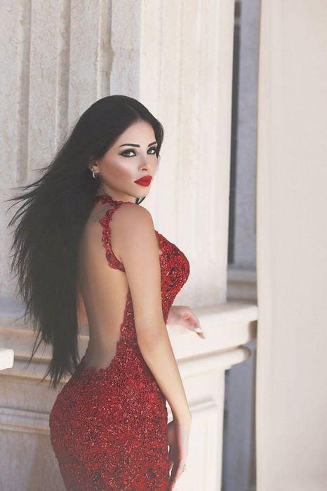 Bridelily Red Sexy Crystal Mermaid Evening Dress Vintage Spaghetti Strap Tulle Long Formal Occasion Dress - Prom Dresses