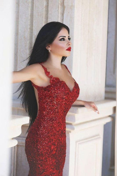 Bridelily Red Sexy Crystal Mermaid Evening Dress Vintage Spaghetti Strap Tulle Long Formal Occasion Dress - Prom Dresses