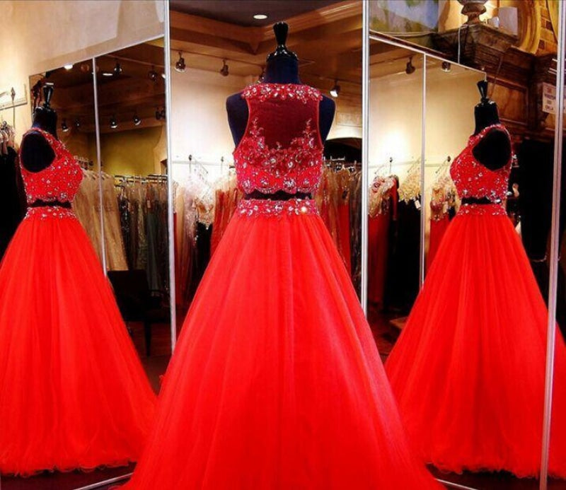 Bridelily Red Two-Pieces Prom Dresses 2019 Crop Top Ball Gown Gorgeous Pageant Dresses - Prom Dresses