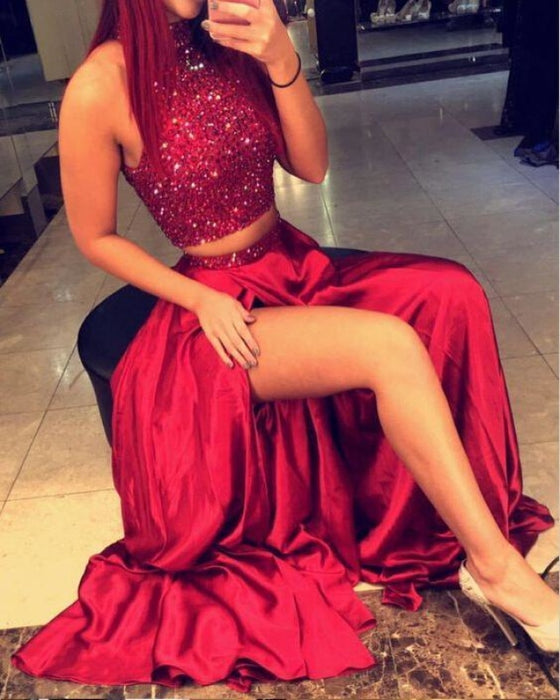 Bridelily Red Two Pieces Prom Dresses 2019 High Neck Beaded Thigh-High Slit Sexy Evening Gowns - Prom Dresses