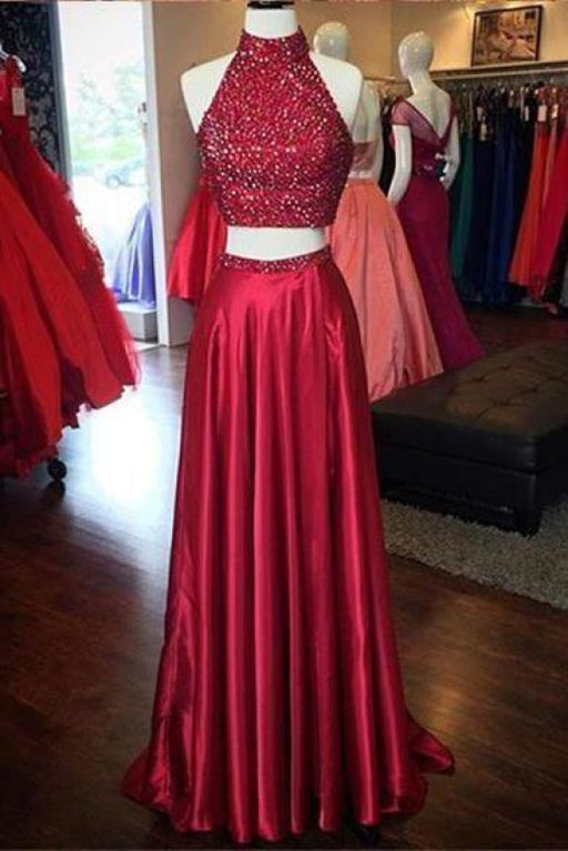 Bridelily Red Two Pieces Prom Dresses 2019 High Neck Beaded Thigh-High Slit Sexy Evening Gowns - Prom Dresses