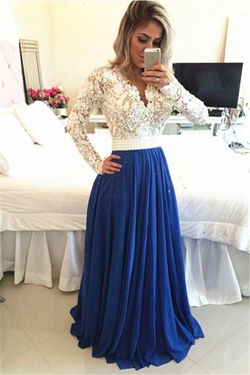 Bridelily Royal Blue Lace V Neck Popular Evening Dress with Long Sleeve Pearl Belt Long Prom Dresses BMT017 - Prom Dresses