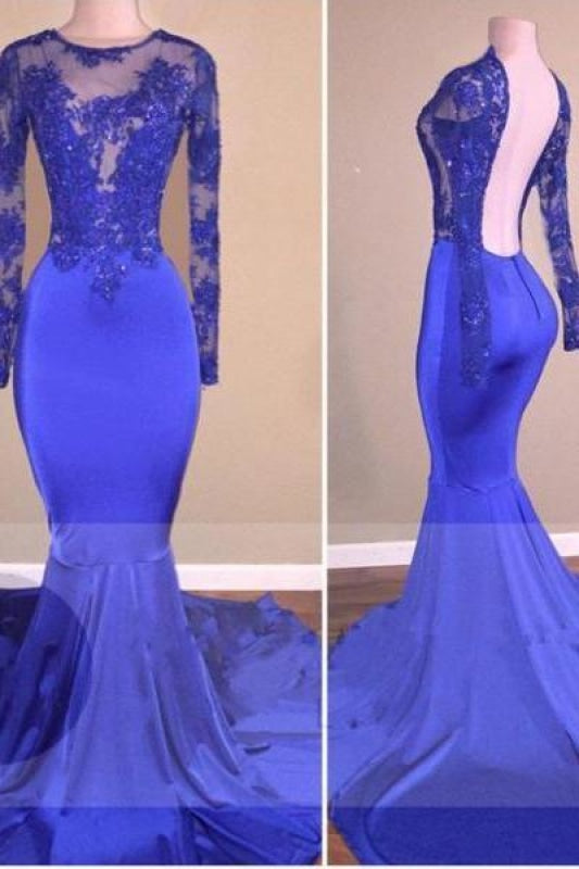 Bridelily Royal-Blue Long-Sleeves Open-Back Mermaid Shiny Sheer Prom Dresses - Prom Dresses