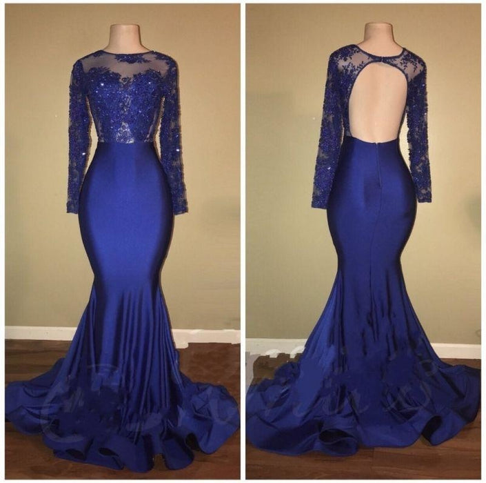 Bridelily Royal-Blue Mermaid Long-Sleeves Beaded Ruffles-Skirt Prom Dresses - Prom Dresses