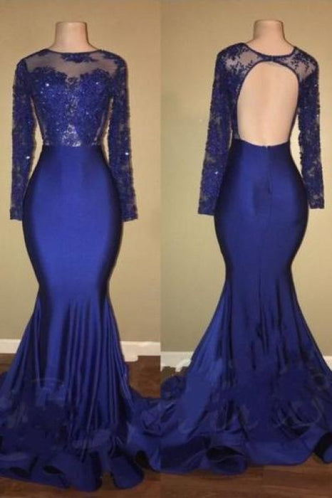 Bridelily Royal-Blue Mermaid Long-Sleeves Beaded Ruffles-Skirt Prom Dresses - Prom Dresses