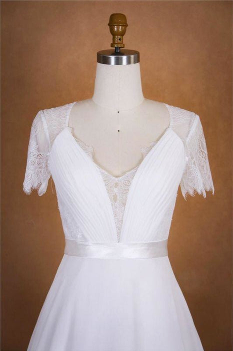 Bridelily Ruffle Short Sleeve Lace Chiffon Wedding Dress - wedding dresses